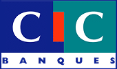 Logo CIC Banques : lettres CIC blanches et orange sur fond bleu et vert, mot BANQUES en bas sur bandeau blanc.